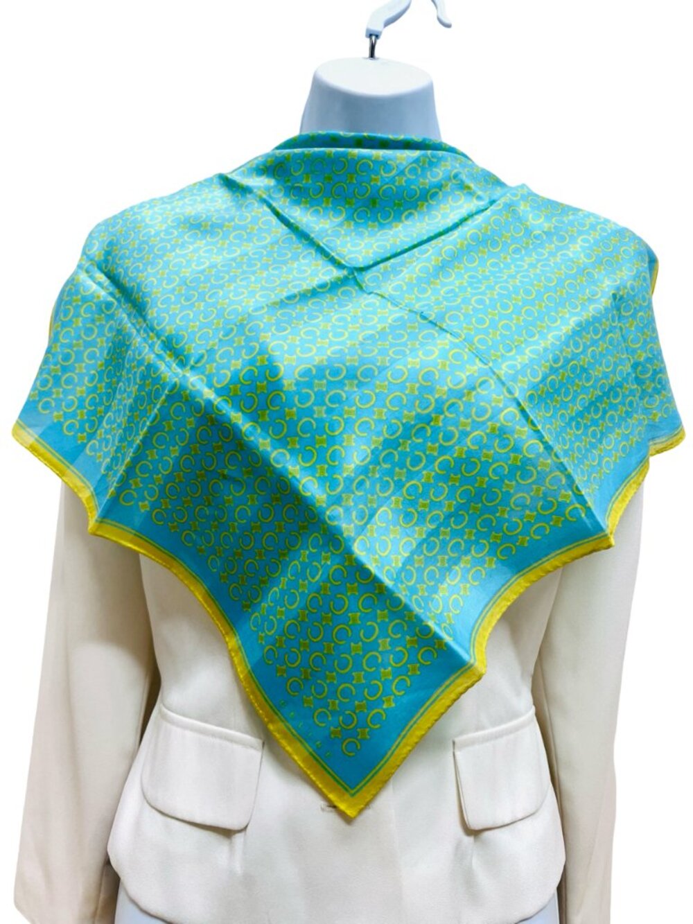 New Celine Paris Mini Scarf 19.5" Cotton/Silk Teal Blue Green Gold Logo "C" (88 - Picture 3 of 9